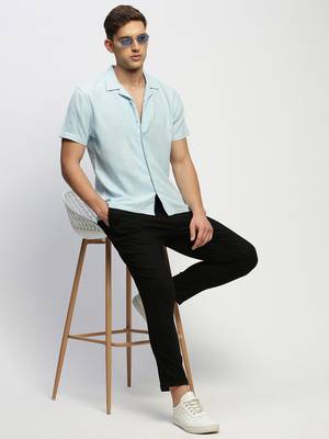 men's short sleeves solid blue shirt 5