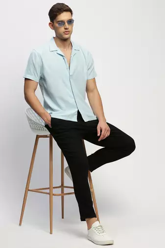 men's short sleeves solid blue shirt
