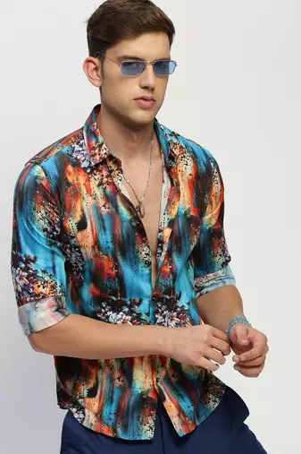 Showoff men's long sleeves floral blue shirt