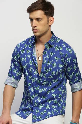 men's long sleeves floral blue shirt