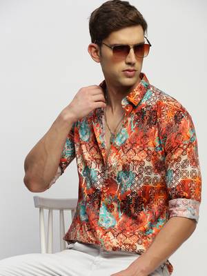 men's long sleeves ethnic motifs orange shirt 1