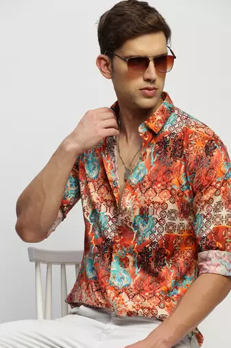 men's long sleeves ethnic motifs orange shirt