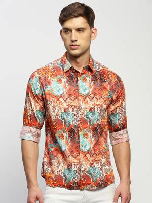 men's long sleeves ethnic motifs orange shirt 2