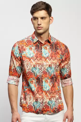 men's long sleeves ethnic motifs orange shirt