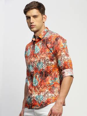 men's long sleeves ethnic motifs orange shirt 3