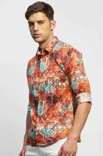 men's long sleeves ethnic motifs orange shirt