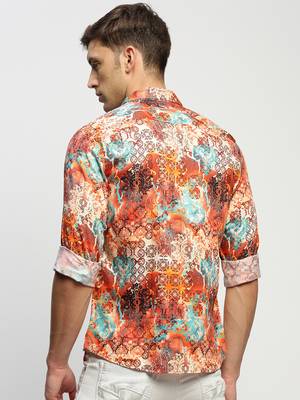 men's long sleeves ethnic motifs orange shirt 4