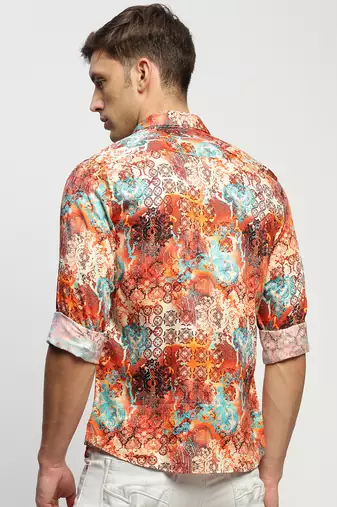 men's long sleeves ethnic motifs orange shirt