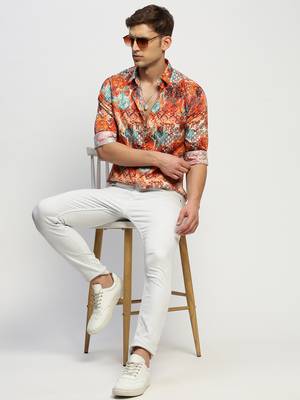 men's long sleeves ethnic motifs orange shirt 5