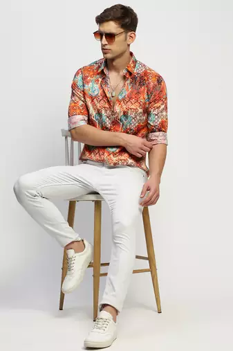 men's long sleeves ethnic motifs orange shirt