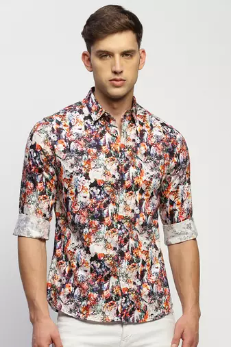 men's long sleeves floral white shirt