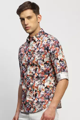 men's long sleeves floral white shirt