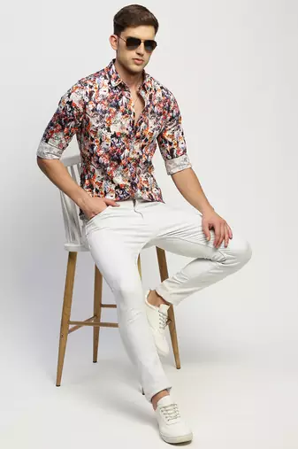 men's long sleeves floral white shirt