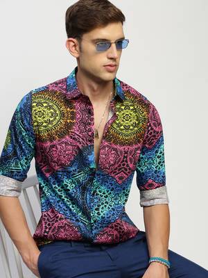 Showoff men's long sleeves ethnic motifs black shirt 1