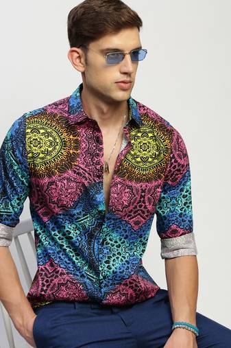 Showoff men's long sleeves ethnic motifs black shirt