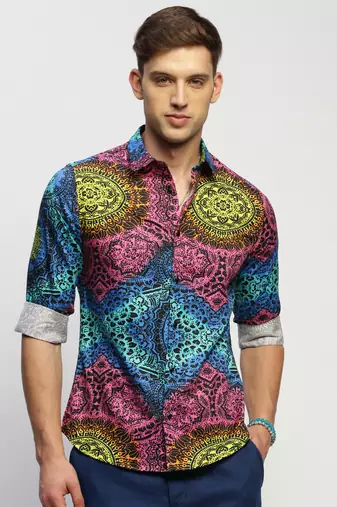 Showoff men's long sleeves ethnic motifs black shirt