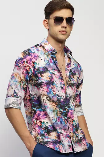 Showoff men's long sleeves floral purple shirt