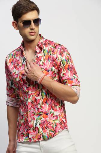 Showoff men's long sleeves floral pink shirt