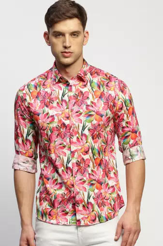 Showoff men's long sleeves floral pink shirt