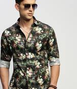 men's long sleeves floral green shirt