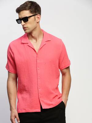 men's short sleeves solid pink shirt 1