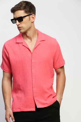 men's short sleeves solid pink shirt