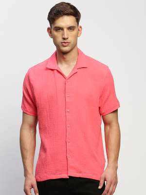men's short sleeves solid pink shirt 2