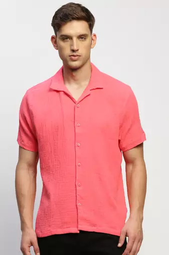 men's short sleeves solid pink shirt