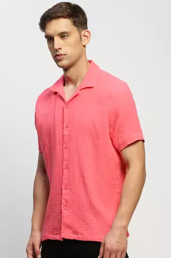 men's short sleeves solid pink shirt