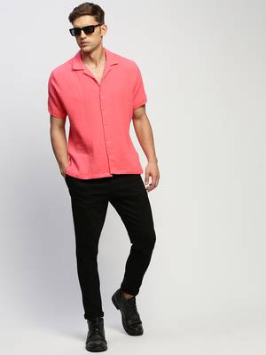 men's short sleeves solid pink shirt 5