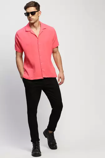 men's short sleeves solid pink shirt