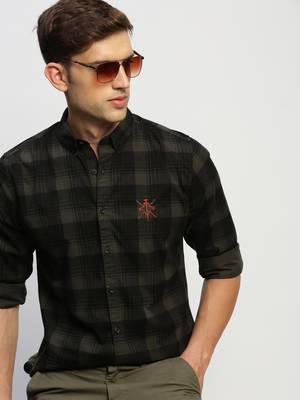 men's long sleeves tartan checks green shirt 1