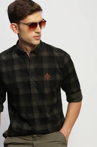 men's long sleeves tartan checks green shirt