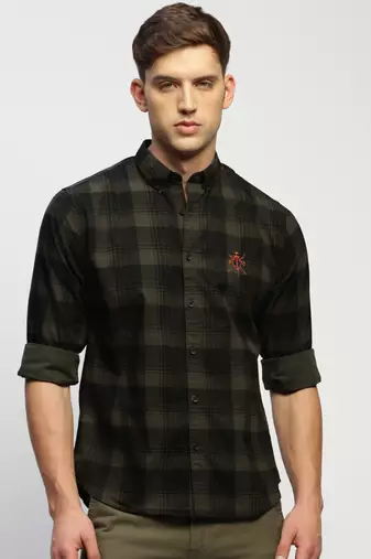 men's long sleeves tartan checks green shirt