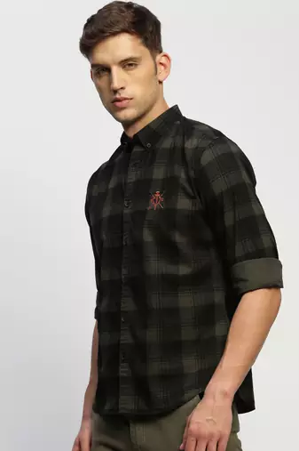 men's long sleeves tartan checks green shirt