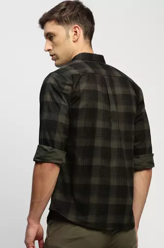 men's long sleeves tartan checks green shirt