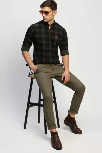 men's long sleeves tartan checks green shirt