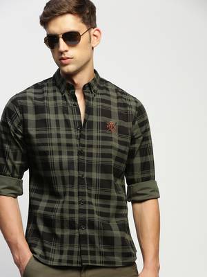 men's long sleeves tartan checks green shirt 1