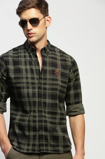 men's long sleeves tartan checks green shirt