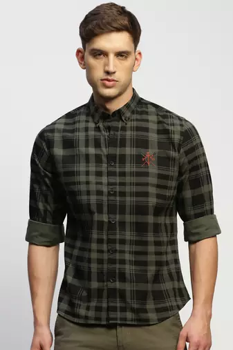 men's long sleeves tartan checks green shirt