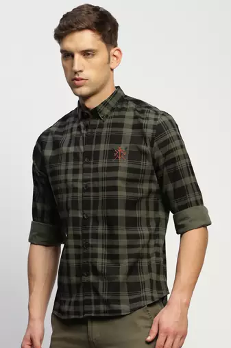 men's long sleeves tartan checks green shirt