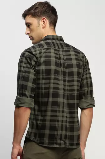 men's long sleeves tartan checks green shirt
