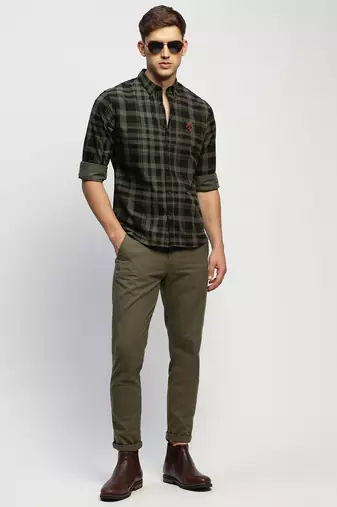 men's long sleeves tartan checks green shirt