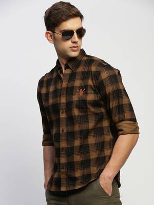 men's long sleeves tartan checks brown shirt 1