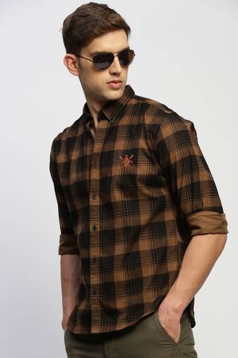 men's long sleeves tartan checks brown shirt