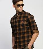 men's long sleeves tartan checks brown shirt
