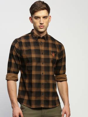 men's long sleeves tartan checks brown shirt 2