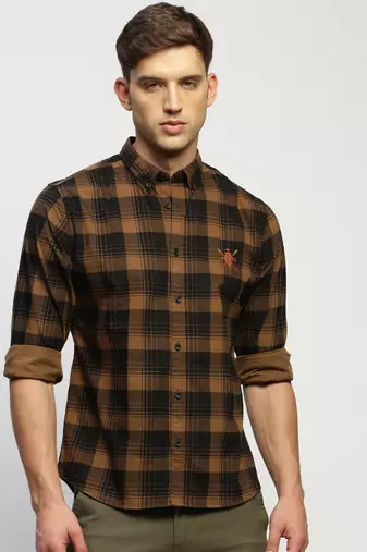 men's long sleeves tartan checks brown shirt