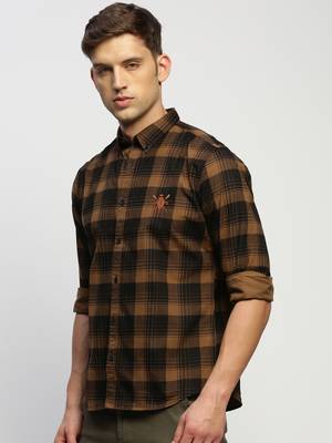 men's long sleeves tartan checks brown shirt 3