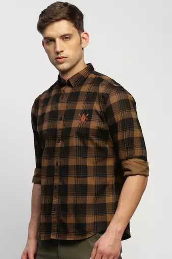 men's long sleeves tartan checks brown shirt